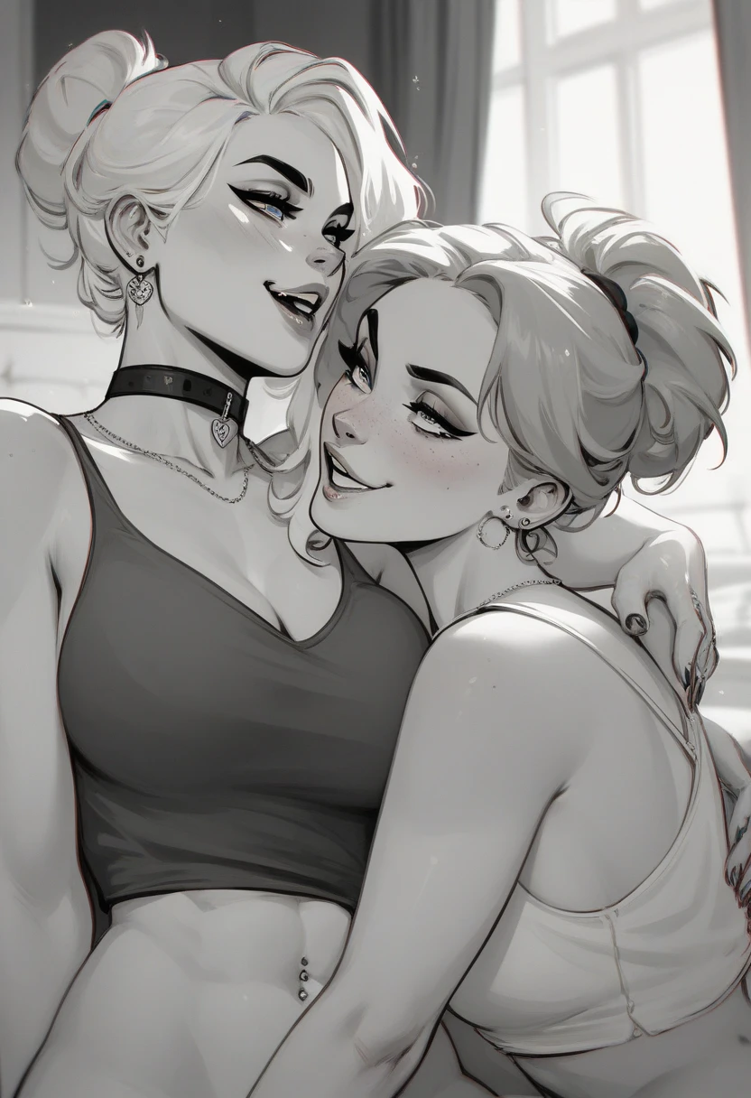 Two women ((big tits naked / bionde / cuddle ))