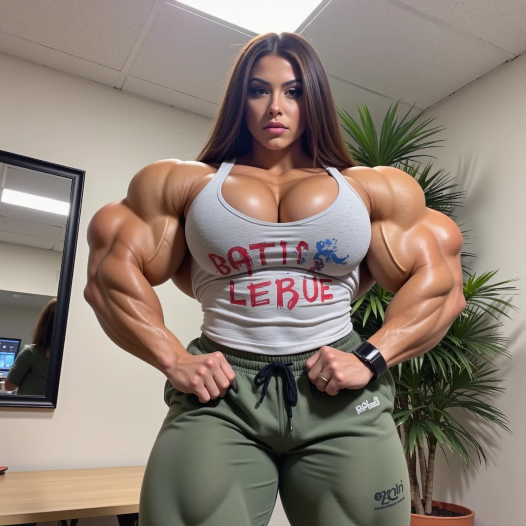 A Call of Duty poster of a beautiful, huge, enormous, buff, giant, single Female bodybuilder, muscle goddess, huge arms and huge legs, giant boobs, enormous muscles, big beautiful eyes, with long dark hair, wearing reading glasses, holding an assault rifle, machine gun, photorealistic