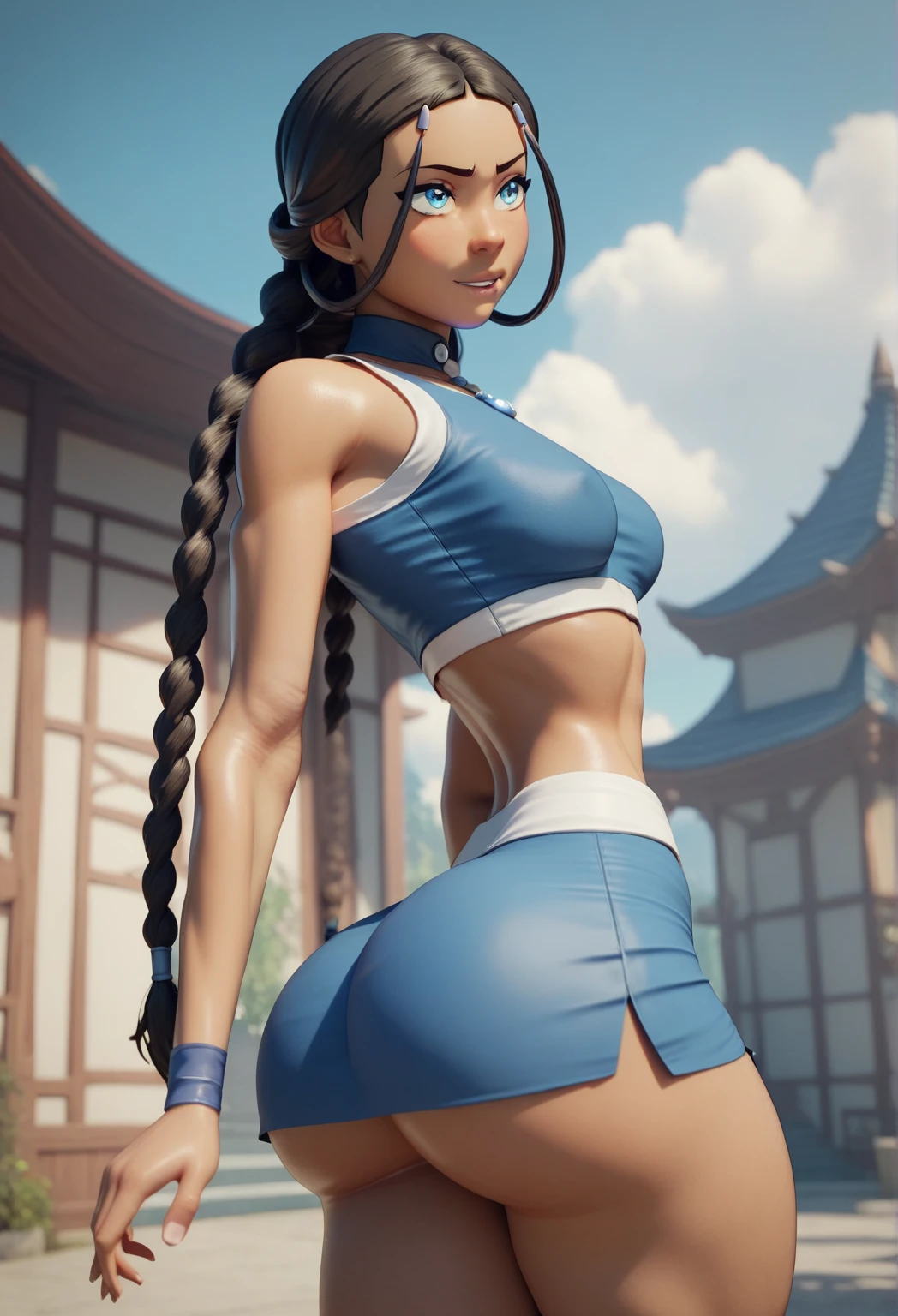 Neckline, Clavicle exposed, Thighs exposed, barefoot, feet detailed, standing, Full body, giant breasts, giant ass, high quality fingers, normal hands, detailed fingers, masterpiece, (realistic, photo-realistic: 1.37), (17-year-old woman), Korra from the legend of Korra, small waist, black hair, blue eyes, beautiful face, perfect lighting, beautiful detailed eyes, looking at the viewer, incredibly beautiful woman, Detailed hairstyle, Detailed background, Shorts, Street background, (Sweat: 15)