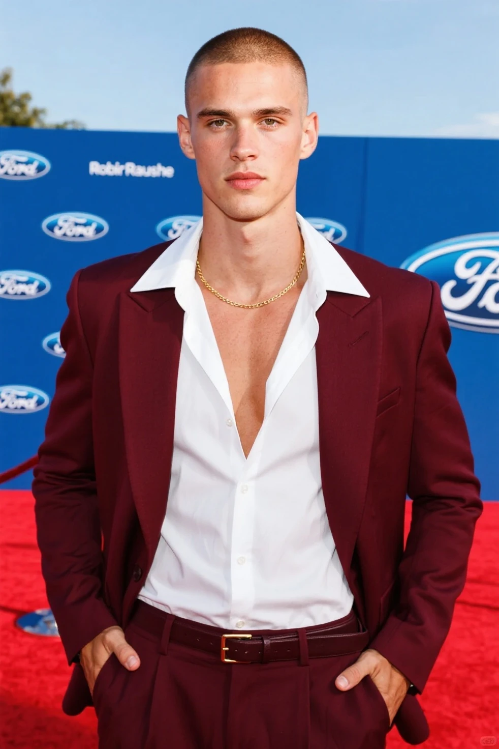 Young cute handsome skinny white face beautiful soft skin shirtless in suit on a red carpet wearing jacket with mesh criss-cross bustier