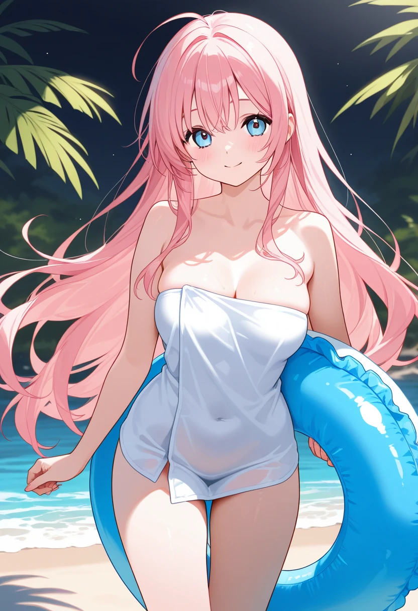 masterpiece，high resolution，Anime Art，Anime Numbers， 4k anime wallpaper，Soft Light，Radiant Skin，Looking at the camera，Solitary，An anime girl，Pink long hair，Green eyes，Lying on your side，White swimsuit，thigh，seabed，Coral Reef