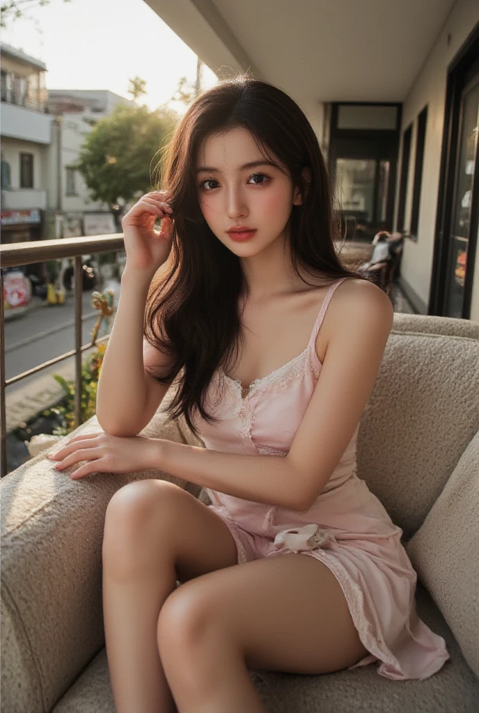 Uma imagem serena de uma menina de 18 anos, with a sweet and sweet appearance, vestindo um pijama de estampa floral. She's sitting in a cozy armchair, holding a delicate cup of tea, while hugging a teddy bear with a ribbon loop. The setting is an elegant and cozy tea room.