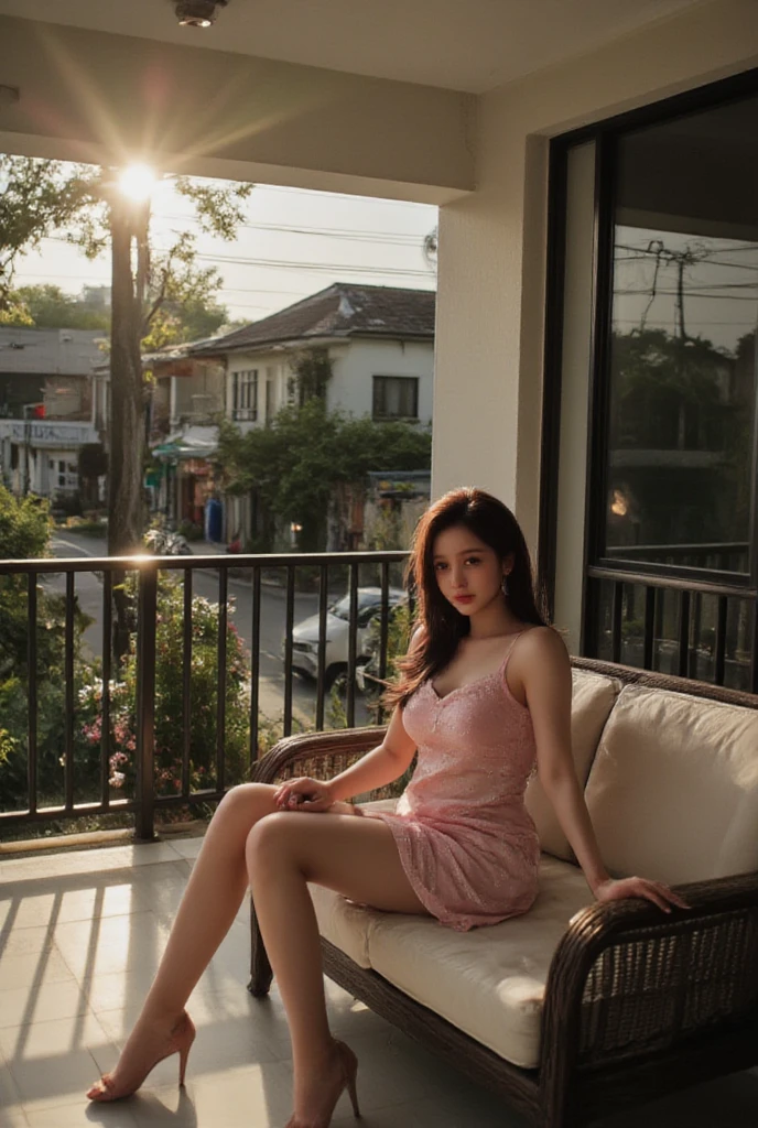 Female supermodel. Sits on marble bench. The National Gallery. Flowery evening dress. Sunset.
