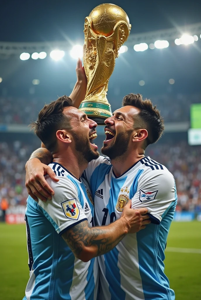 High-pitched sound GIANNI INFANTINO in a totally bald suit, Passionately kissing Messi next to the World Cup, Behind them, referees celebrating with Argentine players
