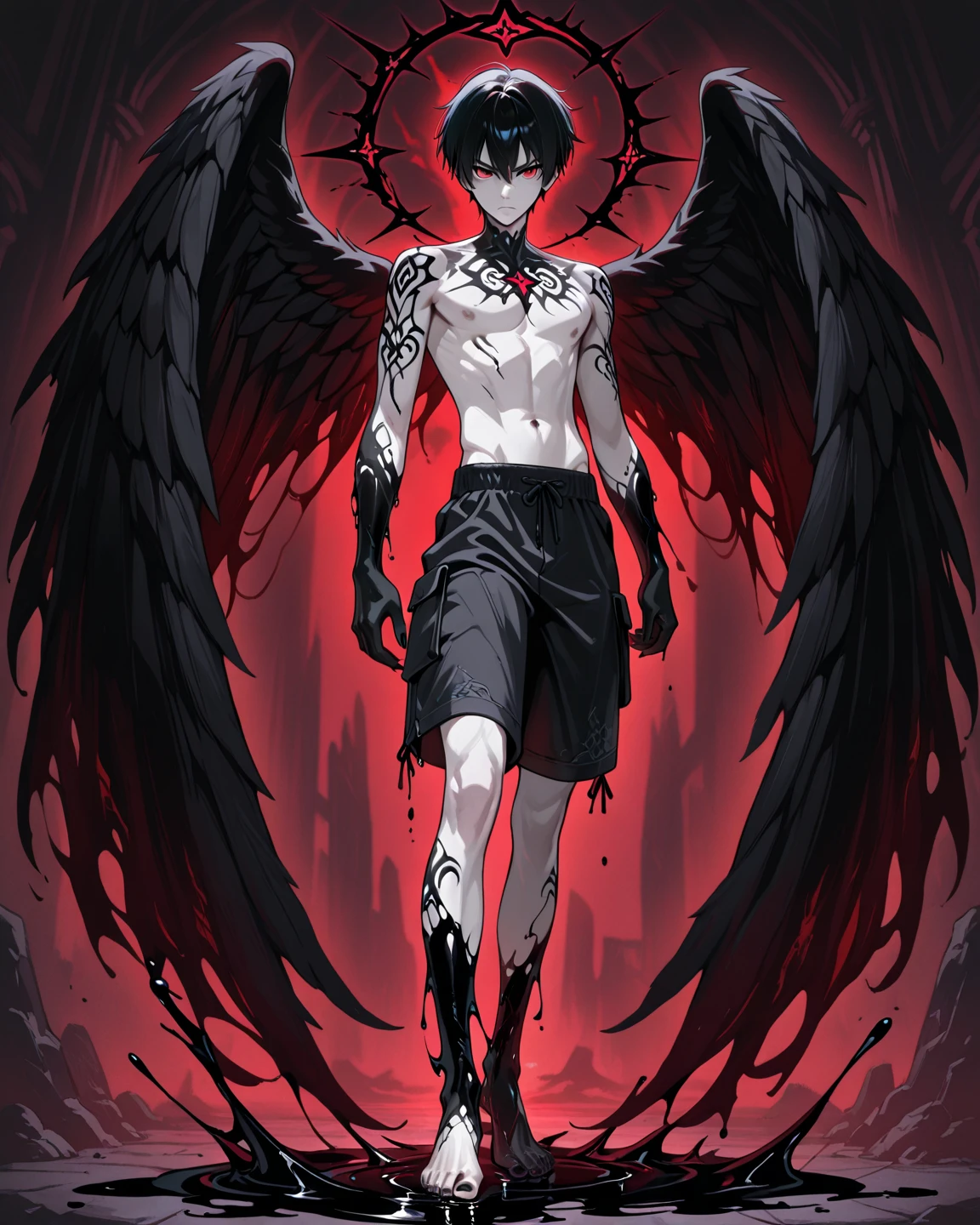 Frontal full body portrait of two men,A man kneeling,Elder Demon Wings,Another man stands behind him,Press the man's head with your hand,Bottom light,purple ambient light,blue back light,Highest quality