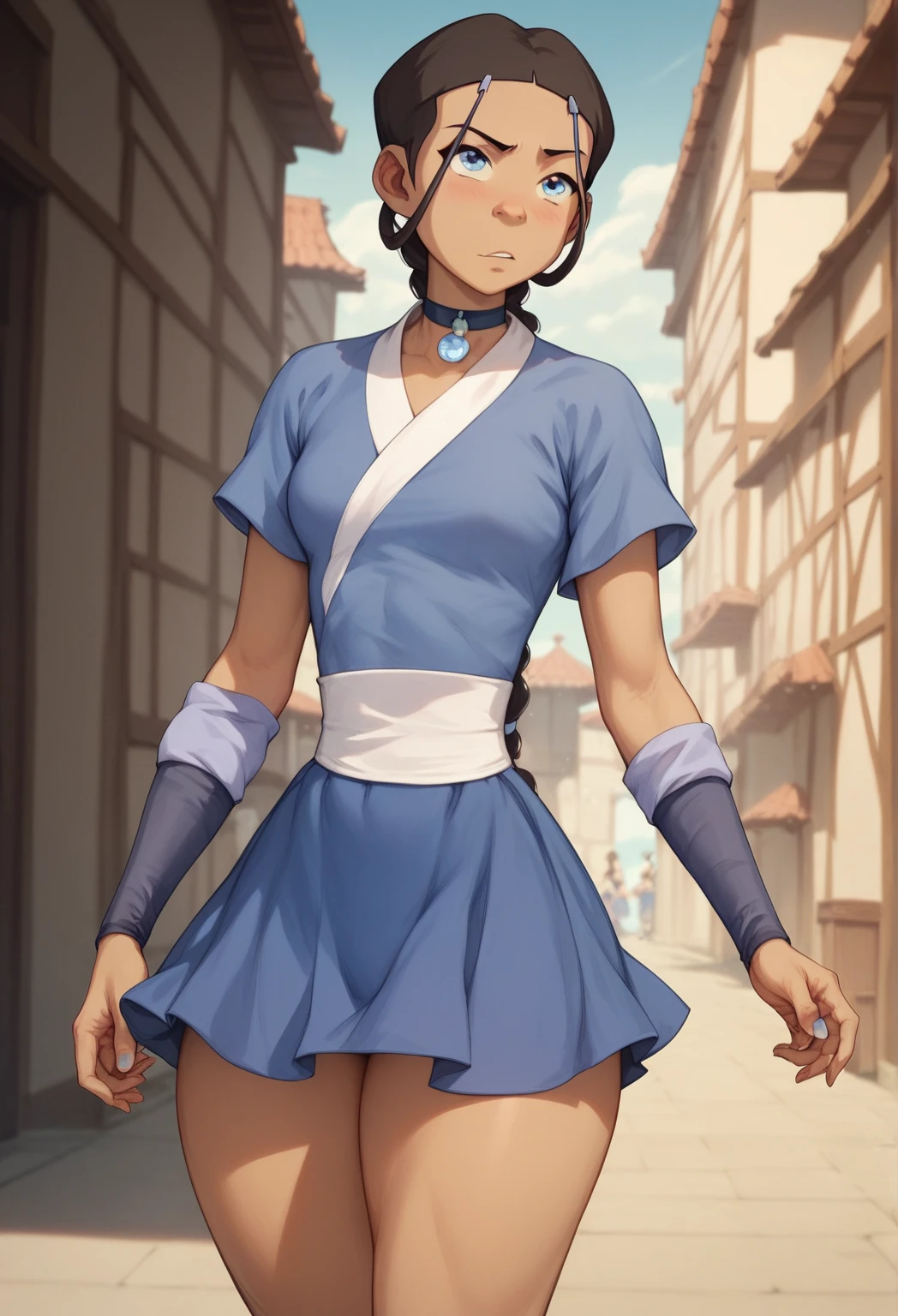 Beautiful katara (Neck ribbon), (Bright red lipstick), elegant, seductive pose, Slim figure, rosy Cheeks, Pearl Necklace, Earrings, Cute Smile, blue eyes, blue ((skirt)), topless, exposed Small breasts, Small breasts, Flat Chest, revealing legs, hentai comic pose, thigh high socks, (Highest quality,4K,8k,High resolution,masterpiece:1.2),