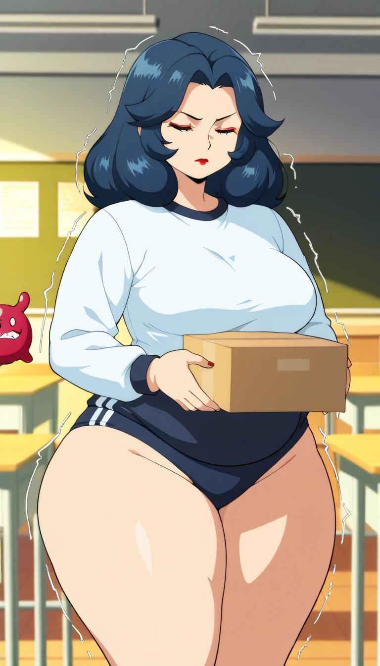 ((Masterpiece)), perfect anatomy, perfect shading, field of depth, (best quality), extremely delicate and beautiful, perfect lighting, detailed face, ultra cute face, cute , looking at viewer, full body, (((1girl))), (((solo))), cheerleader long hair, fluffy hair, brown hair, ponytail, green eyes, ((blush)), (cheerleader uniform), (white tank top 1.2), (short section red skirt 1.2), thigh highs, chocker, extremely tight clothes, large breasts, cleavage, perky breasts, (wide hips), (thick thighs), chubby, pudgy belly, School gym, intricate background, detailed background, sweaty,