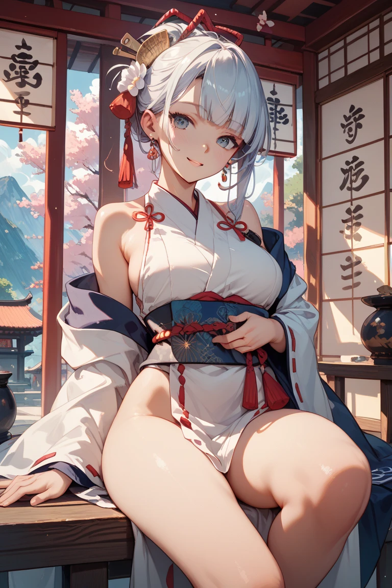 japanes、flat chest、highleg、The whole body can be seen from directly below、Delicate body、Silver-haired ponytail、Beautiful open legs