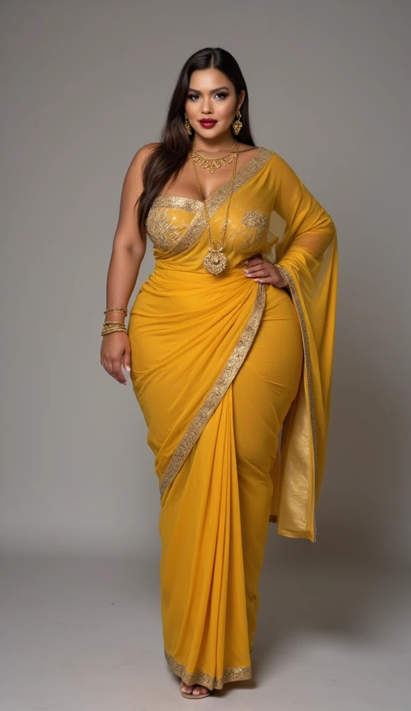Madhubala Indian sexy curvy plus size body beautiful actress in a golden color chiffon saree posing for a picture in front of Bhdhhist stunning temples, traditional architecture, and picturesque gardens, camera front facing, smilling face, close up shot, head to toe view, close up full body shot, hourglass body shape, curvy plus size body, bigger waist, busty, big hips, fleshy thighs, thick thighs, cleavage, big breasts, busty, full body view, head to to view, full body shot, sexy girl, beautiful curves, curvy model, attractive curves, attractive feminine curves, gorgeous woman, Bhdhhist stunning temples, traditional architecture, and picturesque gardens background,
