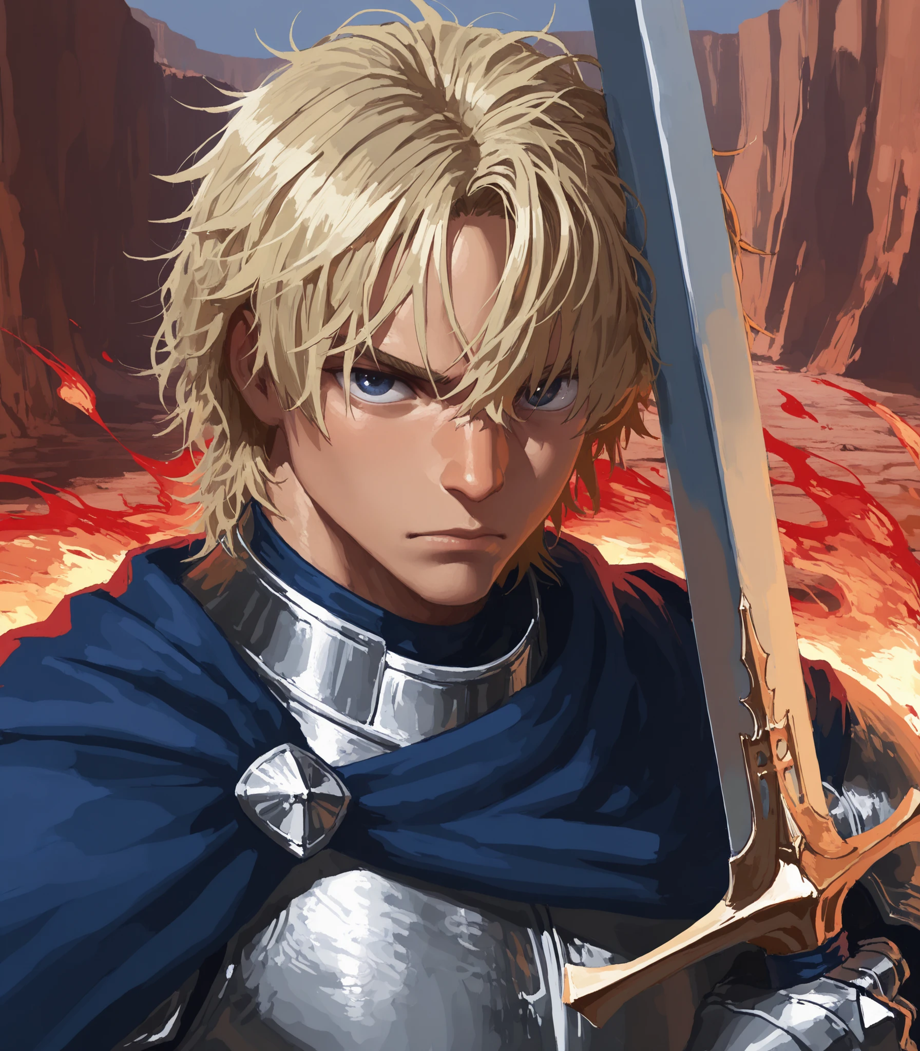 masterpiece, best quality, best detail, absurdres, (face focus: 1.0), solo, looking at viewer, lips, (no lineart: 1.5), (male, man, masculine, handsome: 1.5), fair skin, dark blue eyes, (short blonde hair: 1.0), messy hair, messy bangs, serious, knight, silver armor, canyon, holding large sword, fire and water magic, blue and red cape, muscular