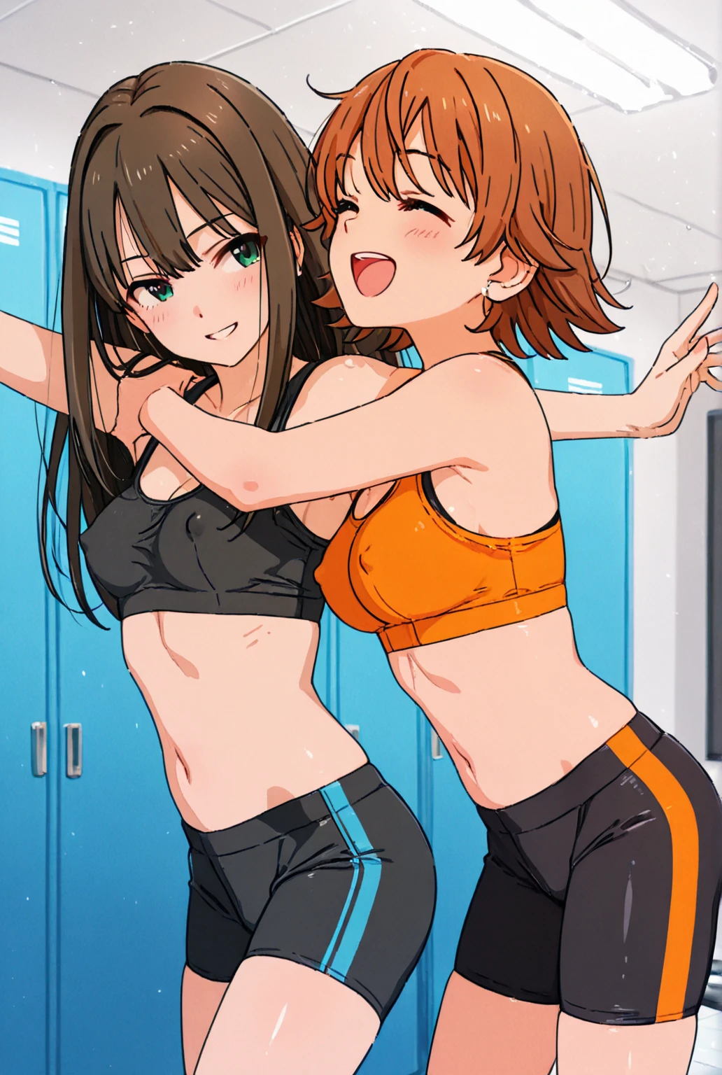 ((Mature and Young)). We hug each other. ((Kiss)). Both of them are in their underwear. Gym changing room. ((Height difference is large)). ((Woman-to-woman)). Semi-long hair and braid. Big and small. Height different by head