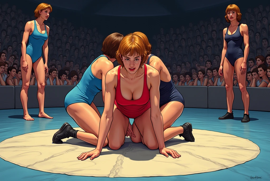 Masterpiece, 2woman (punching each other:1.4), (street fight:1.4), (((barehand:1.3))), (((wearing pants:1.3))), (Topless:1.2), facing each other, ((Fighting each other:1.6)), angry, tired, (bruised:1.4), (bloody:1.4), (Thick body:1.3), (fierce:1.4), tense, punching each other, asian, fighting pose, crowd background, same height, nipples, female,(tiny breasts:1.5)