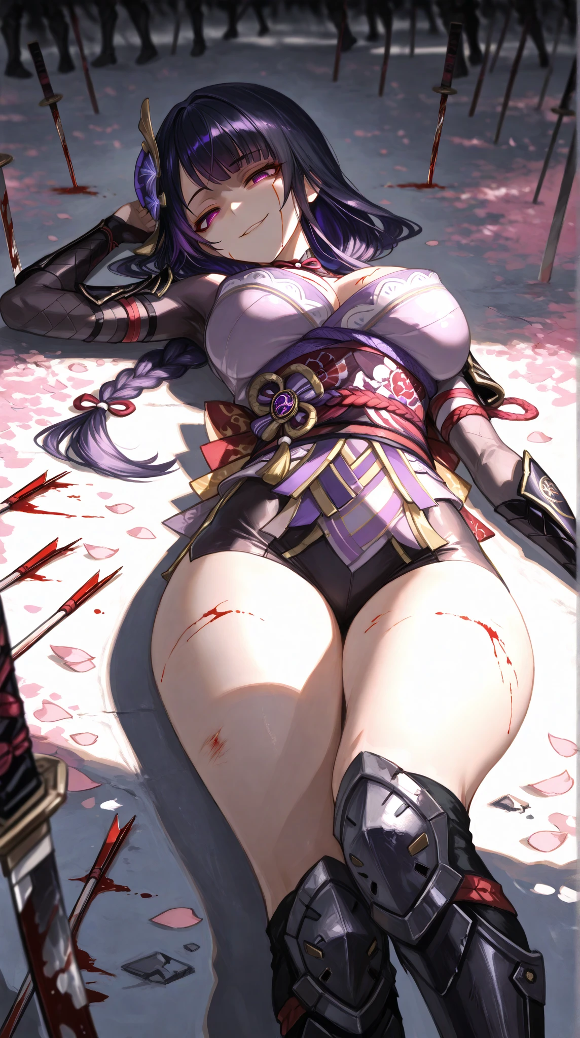 masterpiece, best quality, detailed, sidelighting, nsfw,
3d face, realistic, lustrous skin,
cute face, beautiful detailed face, beautiful detailed eyes,
1girl, solo, stand on wooden floor, full body, from below, outdoors, night sky, japanese style architecture,
purple hair, long hair, braided ponytail,
purple eyes, eye reflection, bright pupils, angry, facing viewer, looking at viewer, sweating profusely, heavy breathing,
medium breasts, (long nipples, puffy nipples:1.2),
pussy, (pussy juice, pussy juice trail, pussy juice puddle:1.2),
short kimono, (bruise, torn kimono, torn shoulders,  blood on clothes, blood on face, blood on breasts, blood on thighs:1.2),
female ejaculation, <lora:conceptFemaleEjaculation_v10:1>,
(katana, holding weapon:1.2), fighting stance,
raidenshogundef, <lora:raidenshogun1-000009:1:MIDD>,