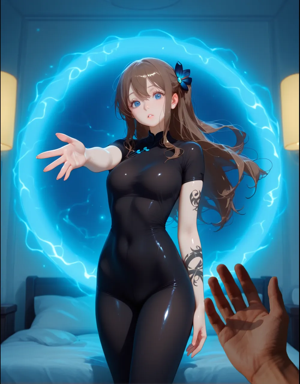 sfw, ((catsuit，transparent clothing)), ((lying on bed top view))，big breasts，naked，bare shoulders，bare stomach，thick legs，bare legs, Ultra high quality，8K，gal girl，Sexy and feminine, high and cold，Enchanting，The head proportions are perfect，Gray high ponytail，Wear a sweatshirt monogram print, Short red high-waisted skirt，Flaming red lips，Swan neck，chokers，sun is shining, wearing bra,((skinny waist)), young asian girl, ((big breasted)),