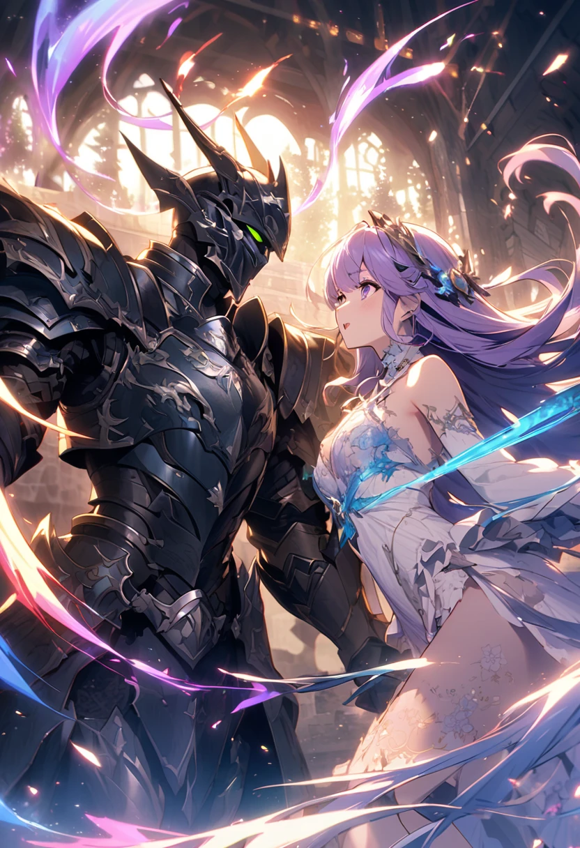 masterpiece black devil attacking Fighting Woman(long fluffy purple hair) dignified face White armor with tube top revealing chest small breasts Different world dark dungeon