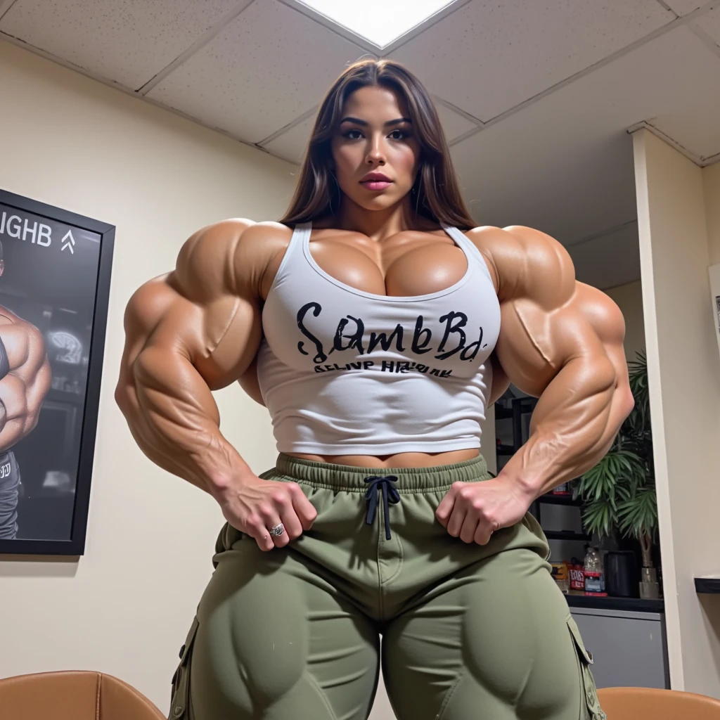 A military, action movie poster of a beautiful, huge, enormous, buff, giant, single Female bodybuilder, muscle goddess, huge arms and huge legs, giant boobs, enormous muscles, big beautiful eyes, with long dark hair, wearing reading glasses, holding an assault rifle, machine gun, photorealistic