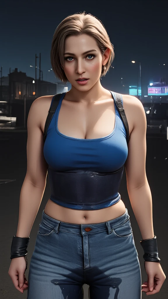 Beautiful woman with short brown hair blue eyes firm body perfect breasts white t-shirt aviator leather jacket blue jeans running scared of orde zombies in night neon city dirty torn torn clothes