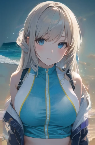 ((Best Quality)), (ultra-detailliert), ((Extremely detailed)), (Beautiful), ((Kawaii Girl)), ((nffsw)), (masutepiece), (High quality), (Best Quality), (4K), (High quality), 1, Solo Girl, 1girl in, ((platinum-blonde-hair)), Parted bangs, ((Hair intake)), Long hair, (Hair is long with two sides up), ((Jade-colored eyes)), slanted eye, Large breasts, Slender body, competition swim suit, Pool Background, (Blue sky:1.3), Solar, Sunlight, Anime, ;D