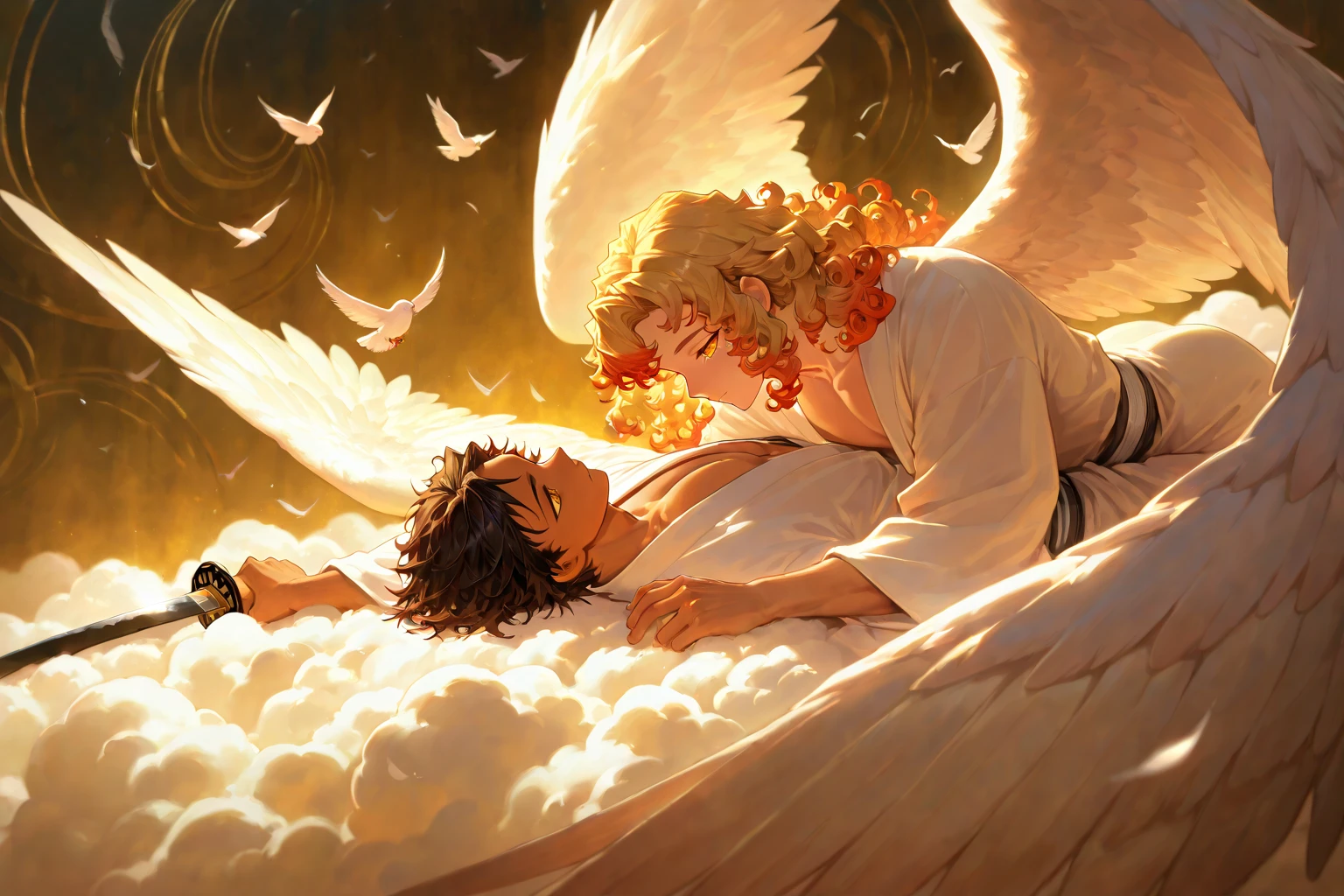 blond hair, ultra high resolution, best quality, photo, 4k, (photorealistic: 1.4), cinematic lighting, a male angel with large translucent wings, fat man, abdominal muscle, wearing medieval gold armor, detailed feathers, cyberpunk environment, portal of the future, volumetric light, HD, magic, god light, backlighting, detailed face, counterpart, smooth skin