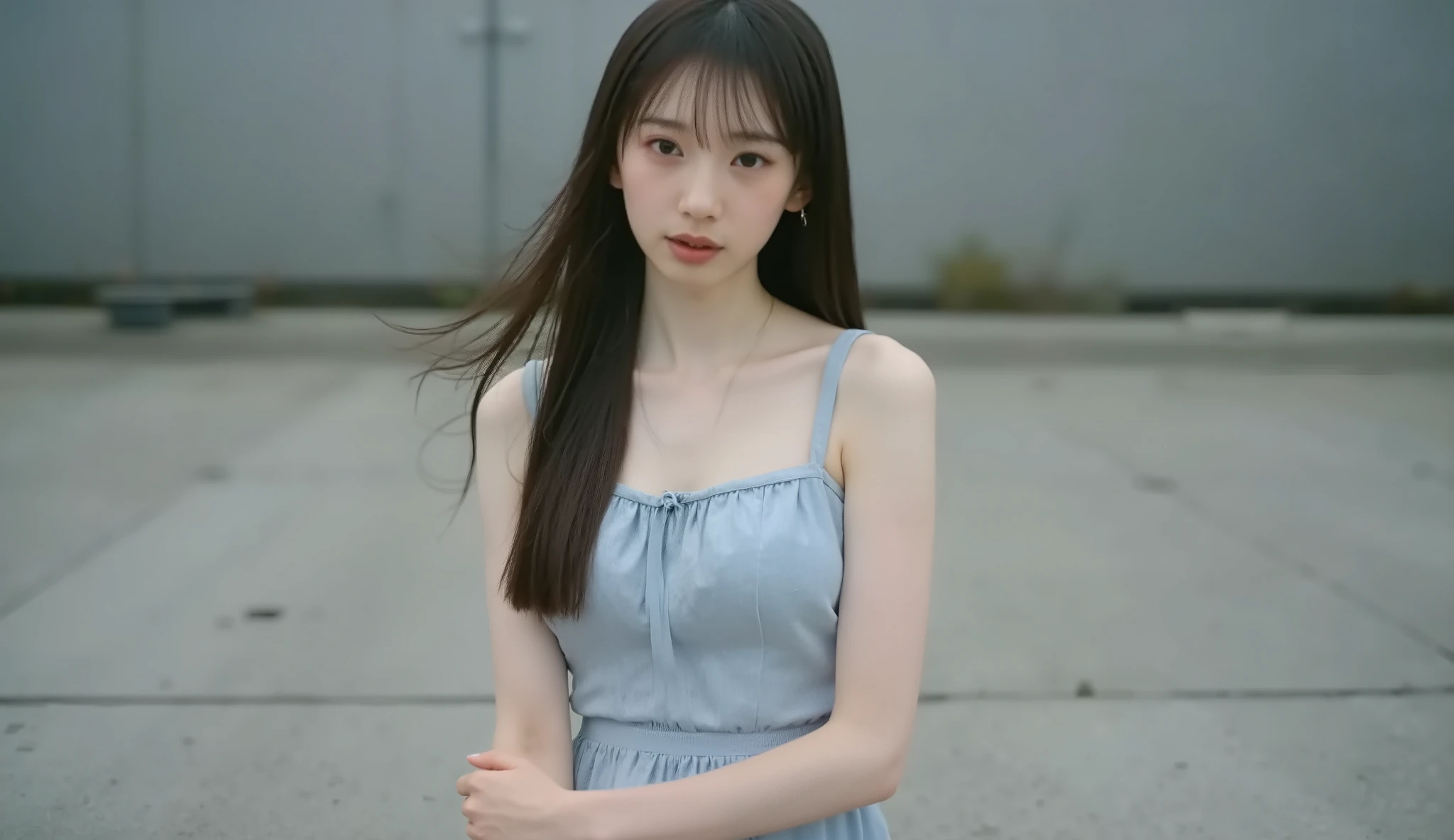 1girl, wearing a tank top with thin straps, raw photo, Highest Quality, Highly detailed, Super Detailed, Hi-Res, Slender body, Long Hair, Big breasts, sitting, fair-skinned Japanese girl.