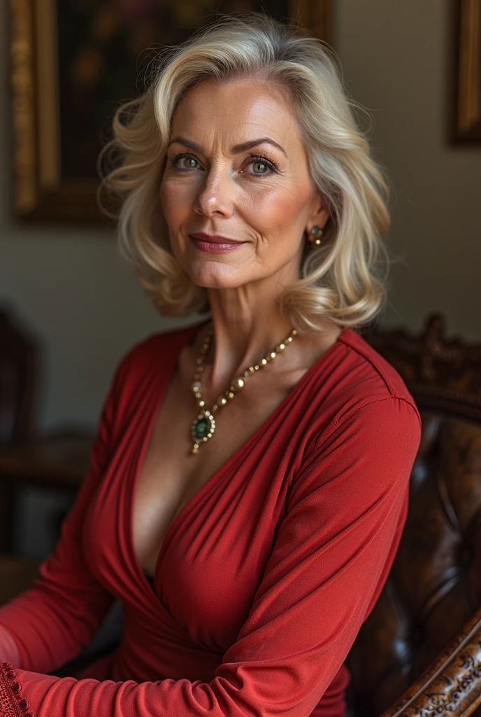 full body shot, Photo of a mature European woman, 50 years in all, A MILF, pretty face, curly blonde hair, Well good, visible ??????, The fold, old, necklace, Neutral Colors, ,size, round breasts, large cutout, see-through clothing, Pilates pants and fitted long-sleeve red top, lady, Short, Narrow Hips, Square Face, white Skin, blonde Hair, Blue eyes, Straight Nose, Thick Lips, Sharp Chin, Shoulder-Length Hair, Thick Hair, Good, full breasts, , rose gloss lipstick, Masterpiece, hi res, 8k, award winning, RAW photo, high quality, 35mm photograph, film grain, bokeh, professional, 4K, highly detailed,