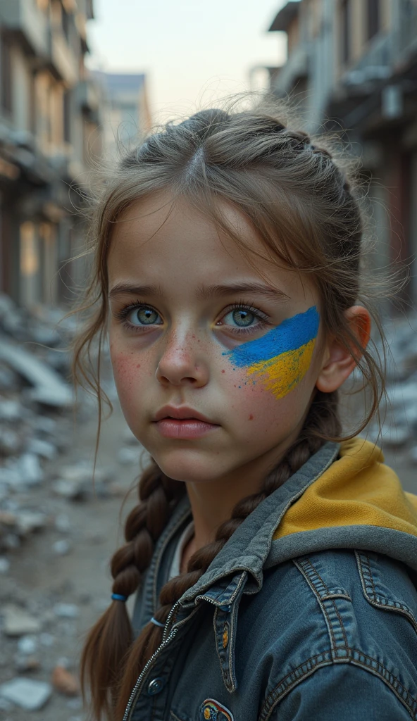 , hideous smile, creepy, olhar malicioso, gray eyes, abandoned city background, drawning, dressing, intense stare, straight hair with a braid above the shoulder.