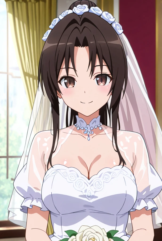 wedding dress, bride, black hair, Pink Eyes, smile
