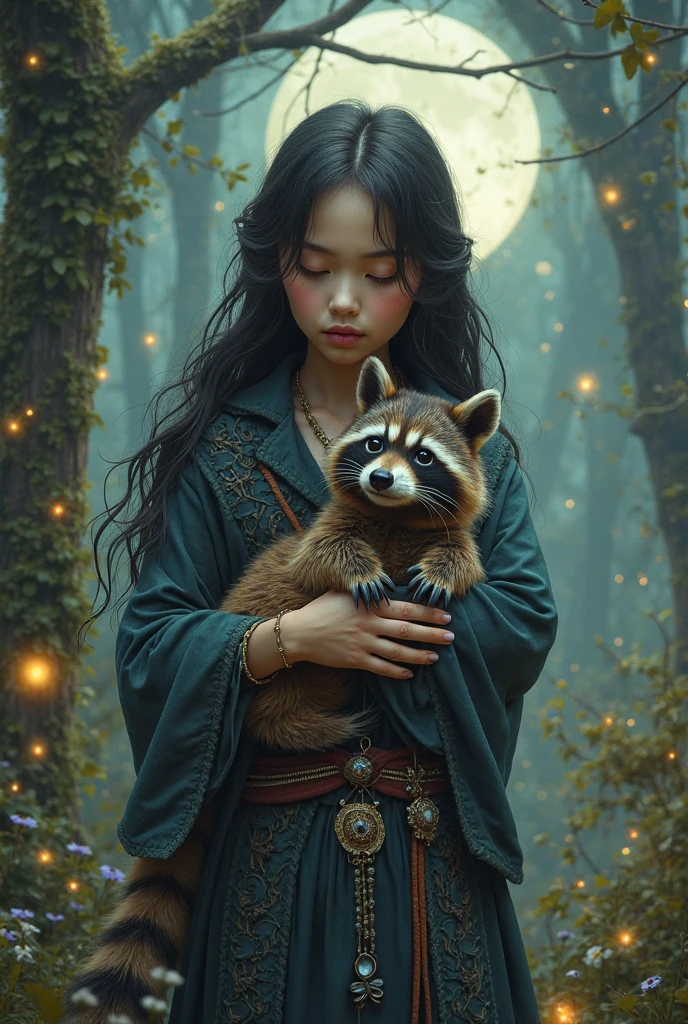 ((masterpiece)), (forest), gumiho, kitsune, ((koala)), (supernatural), dark, (magical), mythic, green atmosphere, serene, ((aura)), light particles