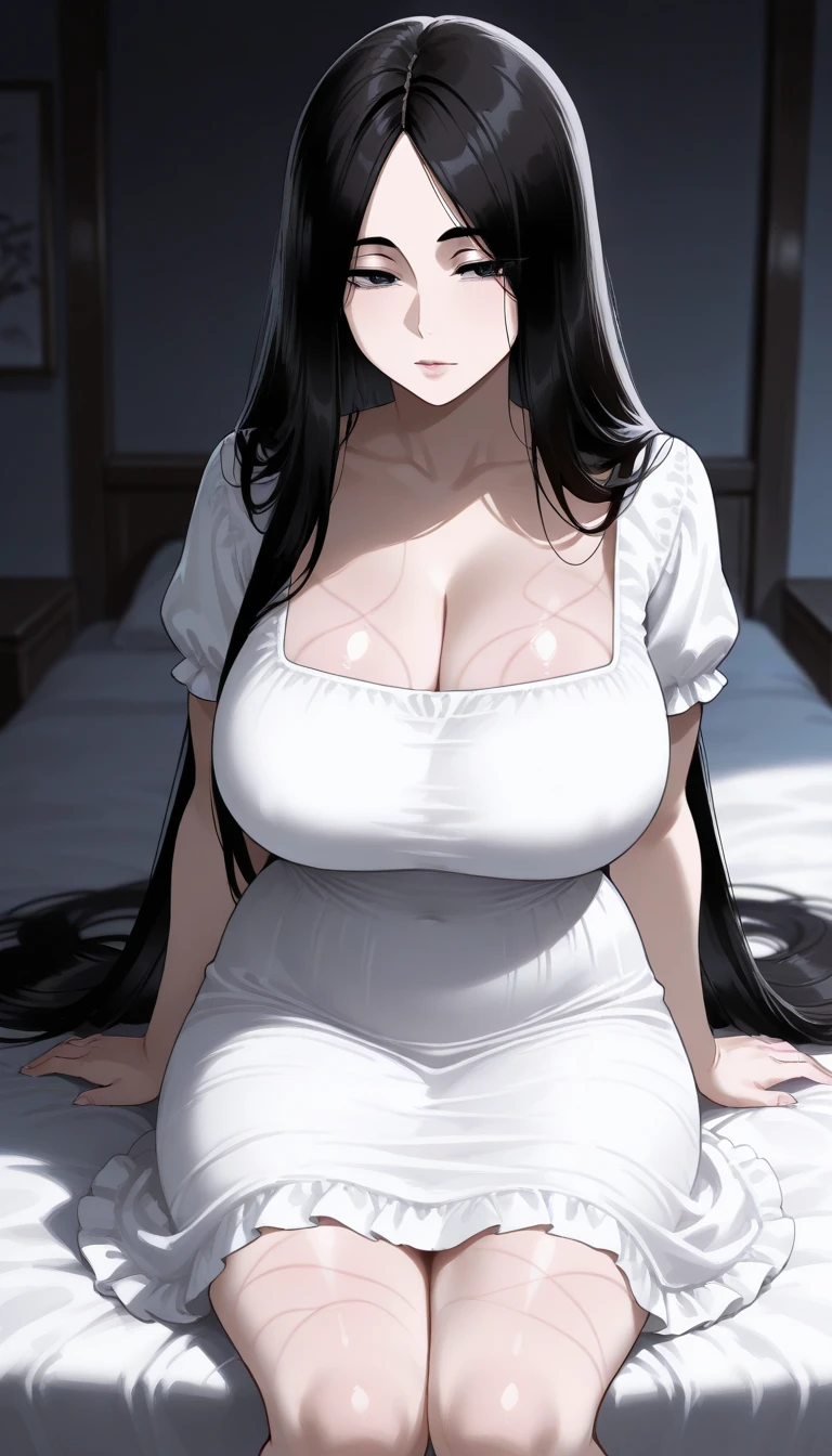 Cute mommy, mature women, realistic skin,perfect ,black hair, long hair, (hair over one eye:1.4), messy hair, hair between eyes, Sexy pajama, chubby,plump,fat,dense pubic hair, extreme pubic hair, Sexy lips, pucker lips,cute shy blush on
