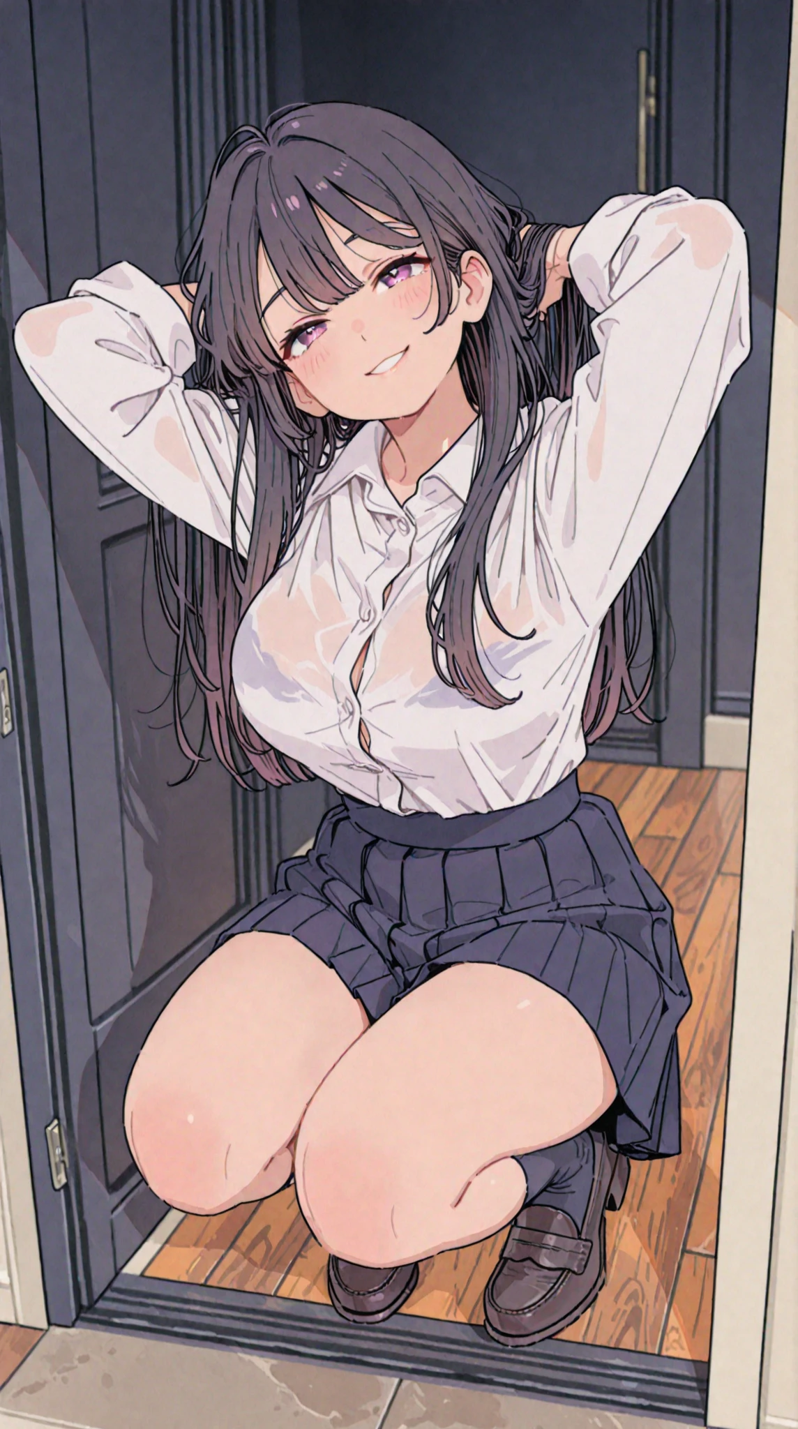 One person、masterpiece、Highest quality、Super detailed、High resolution illustrations、Improve skin quality、Increase eye appeal、Drawn in detail、Perfect body structure、Middle-aged female office worker、Spread your legs、Showing panties、Show off a plain-colored bra、Are thin、Flat chest、Long black hair、Tears well up in my dark eyes、Slanted Eyes、Unpleasant、Sweat、Sigh、