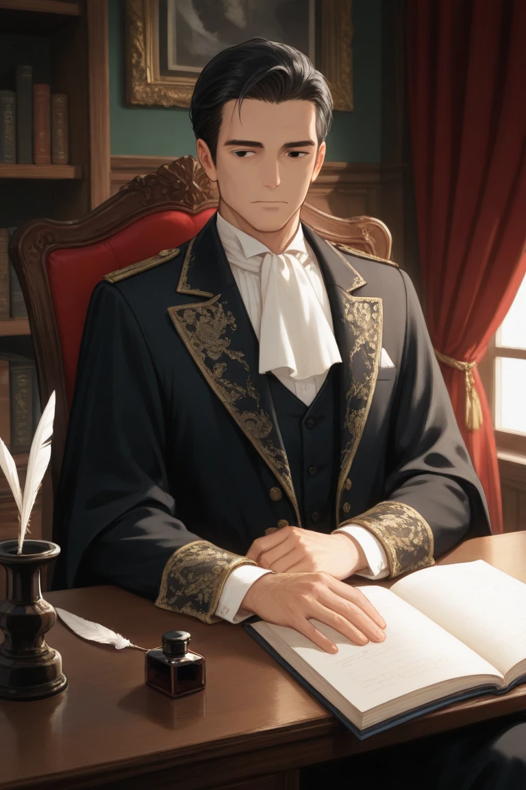 (highest resolution, distinct_image) A man of the best quality, masterpiece, highly detailed, semi realistic, black short haired man, mature man, tall and strong, blue uniform, military uniform, military academy, unruly, studying, holding a book