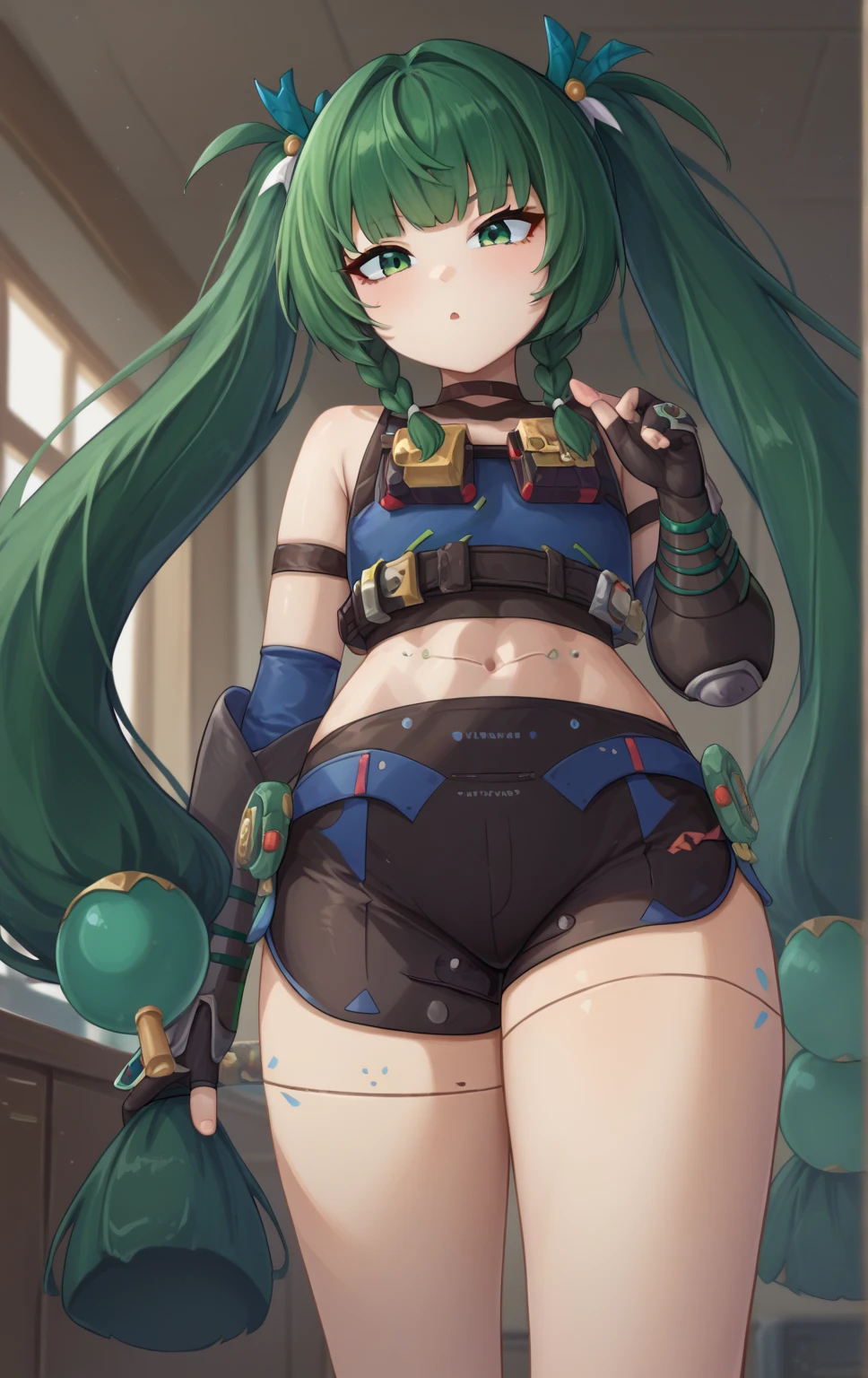 <lora:ribleo-10:0.6>, ribbed leotard, from behind, ass, green hair, ponytail, looking back, red eye, lips, smile, indoors