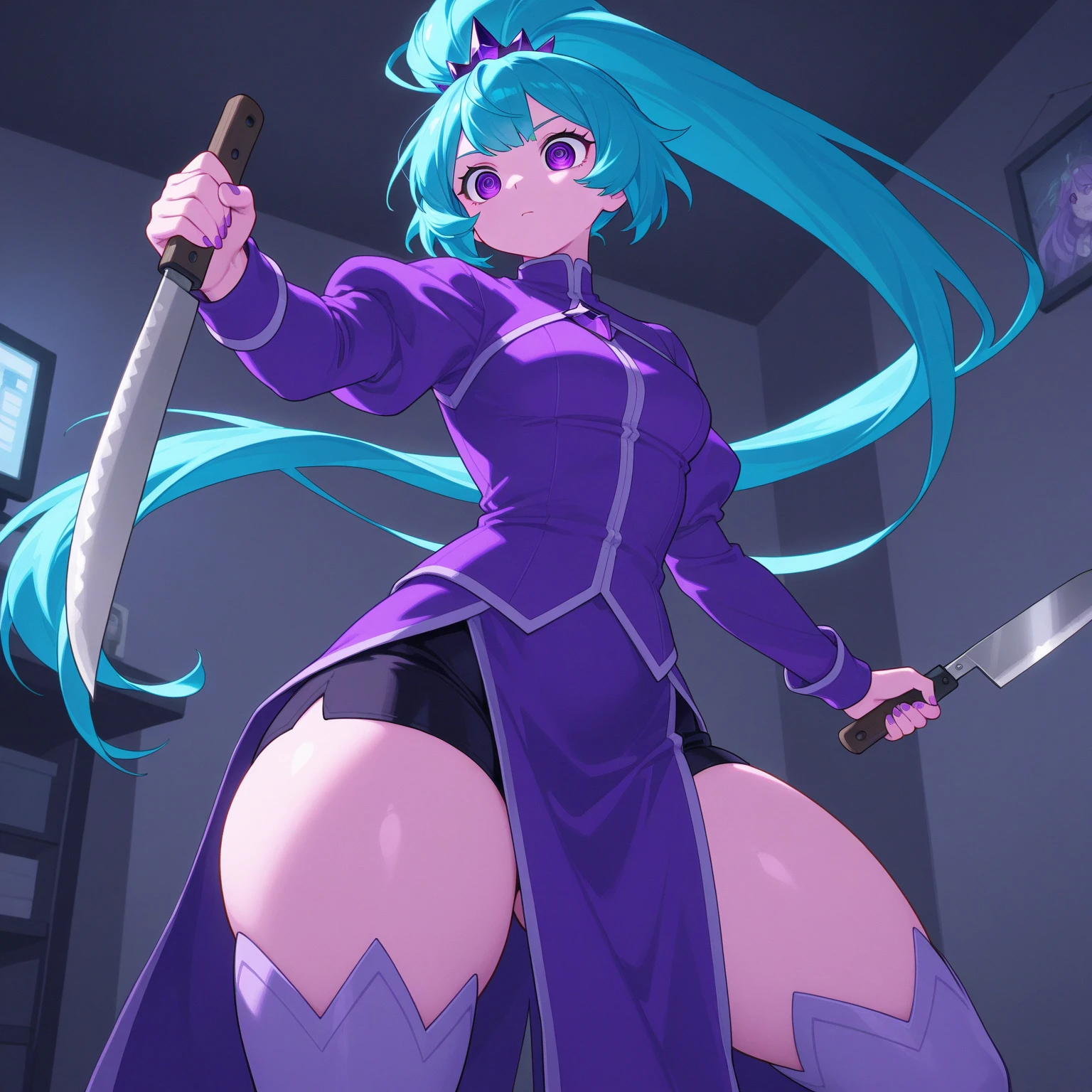 (absurdres, 8k, 4k, masterpiece, hyper extreme detailed:1.2), solo, front view portrait, best quality, portrait, solo, adult, cowboyshot, perfect anatomy, 1girl, perfect face, expressive eyes, perfect eyes, t-shirt, standing up, standing against wall, chabashira tenko, twintails, hair ribbon, hairband, choker, swimwear, bikini, swimsuit, bikini bottoms, cleavage, hands on hips, large bust, bound, bondage, (arms behind back:1.4), bdsm, tape gag, tape, tape bondage, close-up, restrained, best anatomy, half body, taped thighs, taped legs, legs together, tape wrapped, wrap gag, tightly bound, tape wrapped around face, standing, very long hair, standing up, standing against wall, green eyes