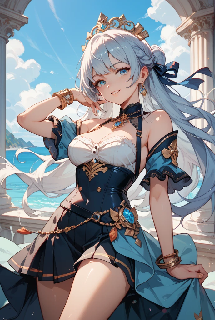 A female Lin character from the grand chase game, very beautiful, Brazilian, silvery white hair, ponytail, blue eyes, light brown skjn, blue low-cut top, short provocative blue shorts with golden details