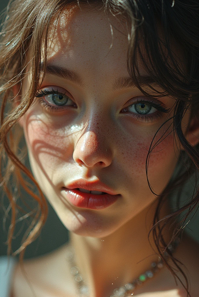 a photographic portrait of a beautiful girl with curls and lots of freckles, (dirty blonde hair), (blue detailed eyes), (facial portrait:1.5), Dramatic light, Rembrandt lighting scheme, (Hyper-Realism:1.2), (8k hd:1.2), (photorrealistic:1.2), Shot with Canon EOS 5D Mark IV, face detailed, detailed hair