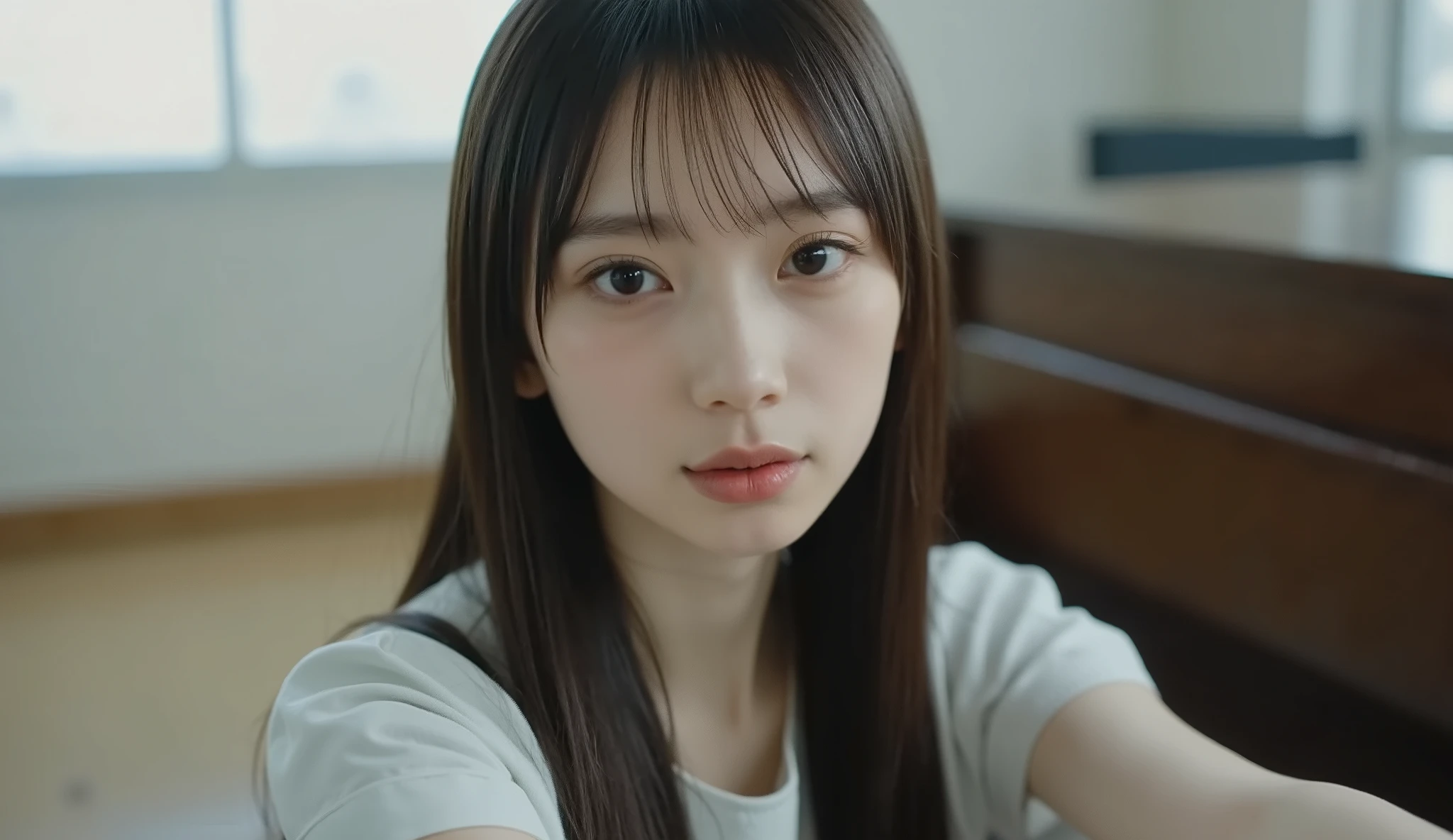 1girl, 20 years old, young girl beside the piano, Japanese girl, long hair with bangs to highlight pelvis, (I'm wearing a short sleeve shirt, And look at my breasts), selfie, close-up, natural breasts, skinny, sensual face, looking at viewer, front pose .