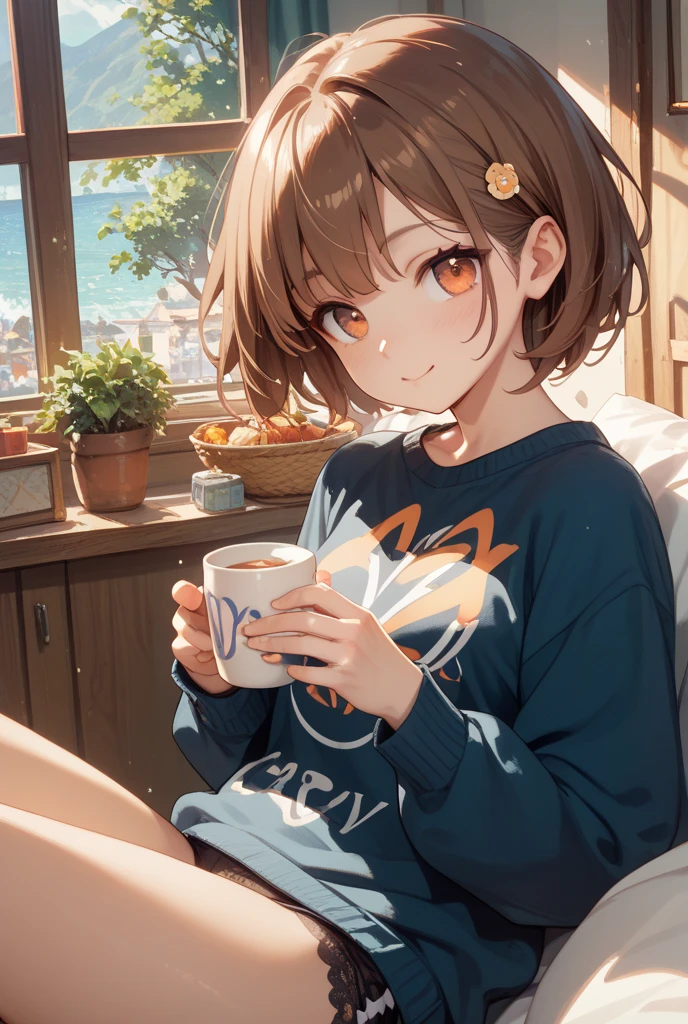 ((masterpiece)), Yui Hirasawa , 1 girl, smile, short torso, short brown hair, Large size T-shirt,black string underwear,indoor,1sit on a sofa, Over a cup of tea,