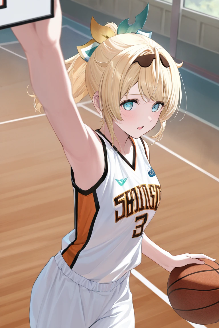 ((best quality)), ((masterpiece)), (detailed), perfect face, (best quality), (detailed skin:1.3), (intricate details), Female professional basketball player, NBA, ((dunk shot, bascketball)), under the goal, jumping, sweat pouring out, a scene during the game, tifa lockhart, cowboy shot, blonde hair, medium hair