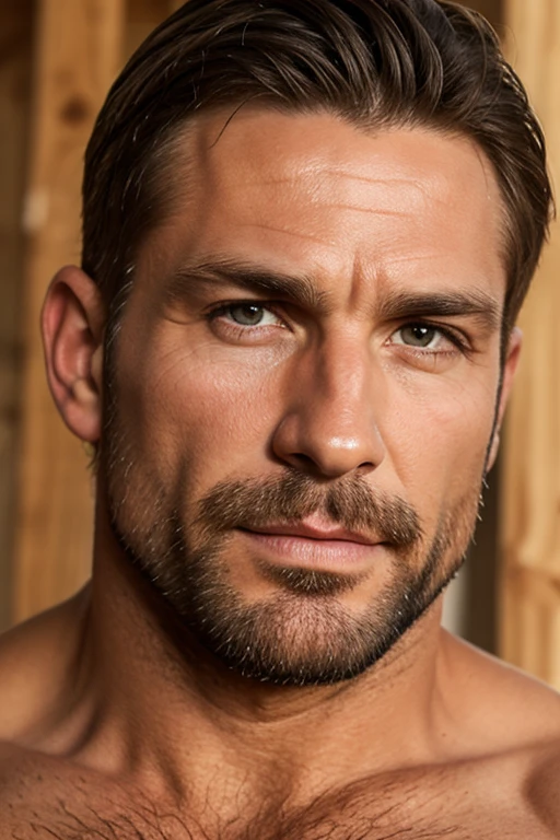 A sexy man wearing a flannel shirt, cleavage, chest hair, nipples, looking at camera seductively, realistic photo, homoerotic, handsome face, detailed eyes,great hair, penis