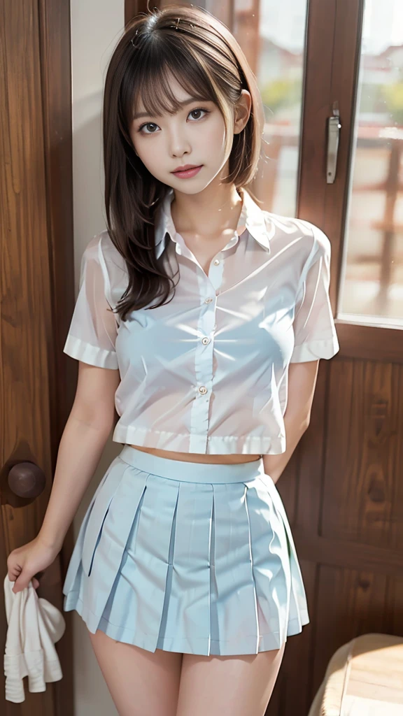 Highest quality、Realistically、Glowing Skin、Japanese women、Early 20s、Gravure idol、Her Room、Spread your legs wide、Sweets-themed uniform cosplay、See-through shirt、skirt、Underwear set、Good body、smile at the camera、