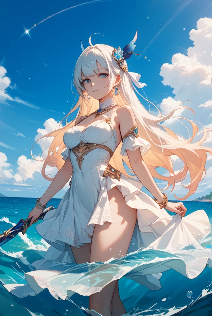 1024 X 1536, (masterpiece), maximum quality, 1girl, beach, blue sky, breasts, cleavage, looking at viewer, outdoors, palm tree, sky, solo, standing, swimsuit, water, thong, large breasts, white hair, blue eyes, bangs, bare shoulders, breasts, swept bangs, photo of Winter Schnee from RWBY, (perfect body, perfect posture, perfect eyes)