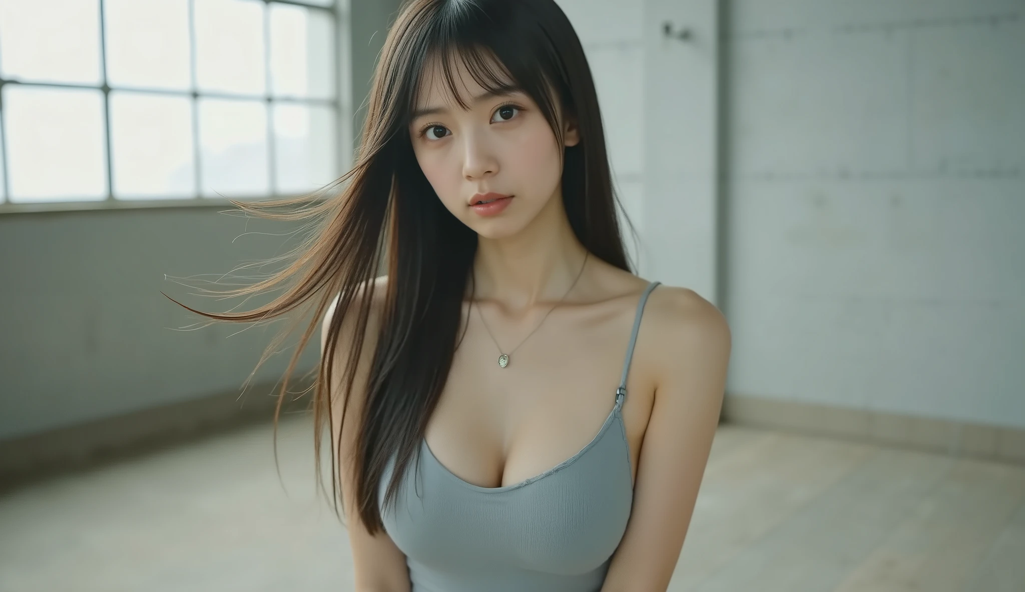 （In reality， high resolution;：1.3）， Woman with perfect body 1， super fine face and eyes，long gray hair， Tank tops in random colors：1.2, short leggings, high heel，  giant，Cleavage exposed，（Eurasian Jay：1.5)masterpiece， best quality， RAW photos， In reality， face， Incredibly ridiculous resolution， depth of field， high resolution;， Ultra-detailed， fine details， very very detailed， extremely detailed eyes and face， sharp eyes， realistic student， Clear focus lock， movie lights, whole body, pretty legs, In the subway, split between legs, sit down