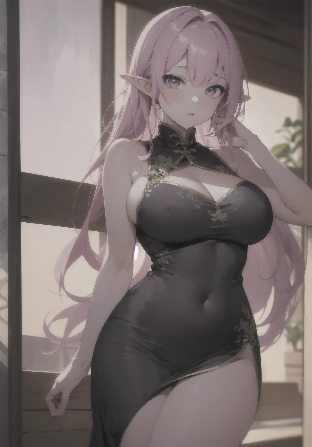 Anime Waifu beautiful detailed eyes, beautiful detailed lips, extremely detailed eyes and face, longeyelashes, 1girl, sensuous, young woman, medium breasts, beautiful feminine face, nice thighs, slim, sexly, erotic, beautiful clothes, perfect body, cinematic lighting and framing, (best quality,4K,8k,highres,masterpiece:1.2),ultra-detailed,digital painting,portrait,glamorous,highly detailed,soft lighting,warm color tones High quality illustrations。 a beautiful detailed with pink hair and black eyes, long hair, seios big fit asss, thick-thighs, perfectbody, standing, looking ahead at viewer, shocked expression, wearing a Chinese dress and black clothes, the clothes are wet, blushful, embarrased, see through clothes, big fit ass , hands behind the back, torn garments, neckleace, sideboob, alone in an indoor scene, Peron