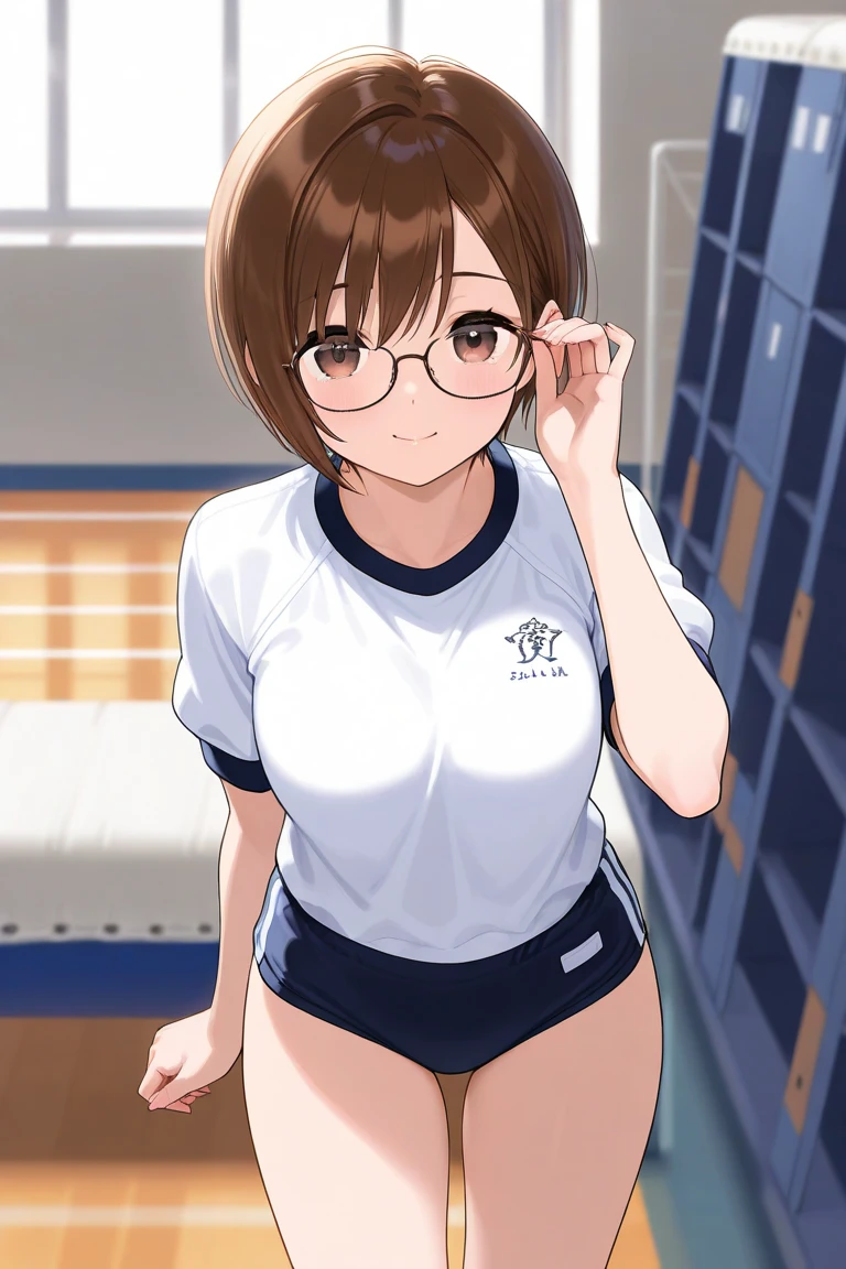 8k、masterpiece、Japanese、Woman wearing glasses、anise、from the front、smile、Childish、Big Breasts、Transparent school swimsuit、night、Bedroom、Spread your legs and show
