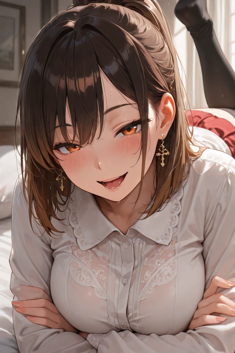 masterpiece,highest quality,High resolution,Very detailed,yes,Long Hair,Braiding,Twin tails,Hair between the eyes,Hair Ribbon,hair ornaments,Big Breasts:1.5,(Yellow off-the-shoulder pajamas with white sleeves:1.2),bed,The best smile,No pants,Sweat,Wet,Red Eyes、The face blushes、Beautiful eyes、Pants are pink、lie(Lie