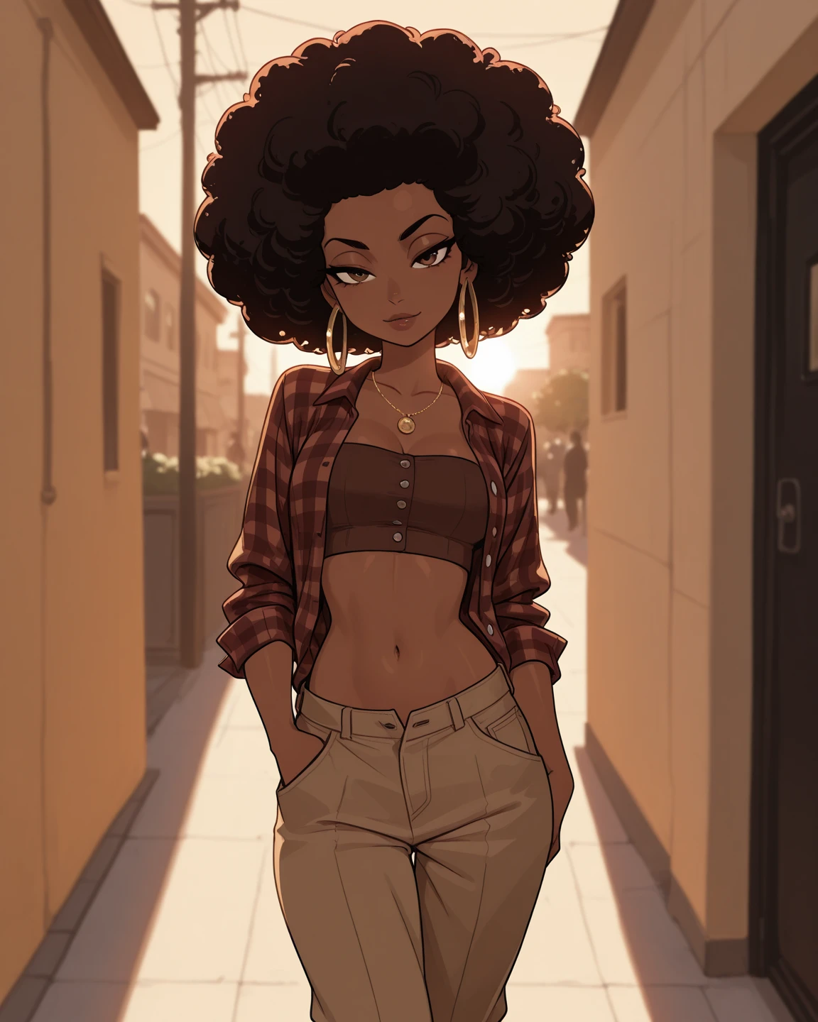 A Pier brunette girl with afro hair, a two-piece set, black top, white pants, black tennis shoes, complete with jewelry.