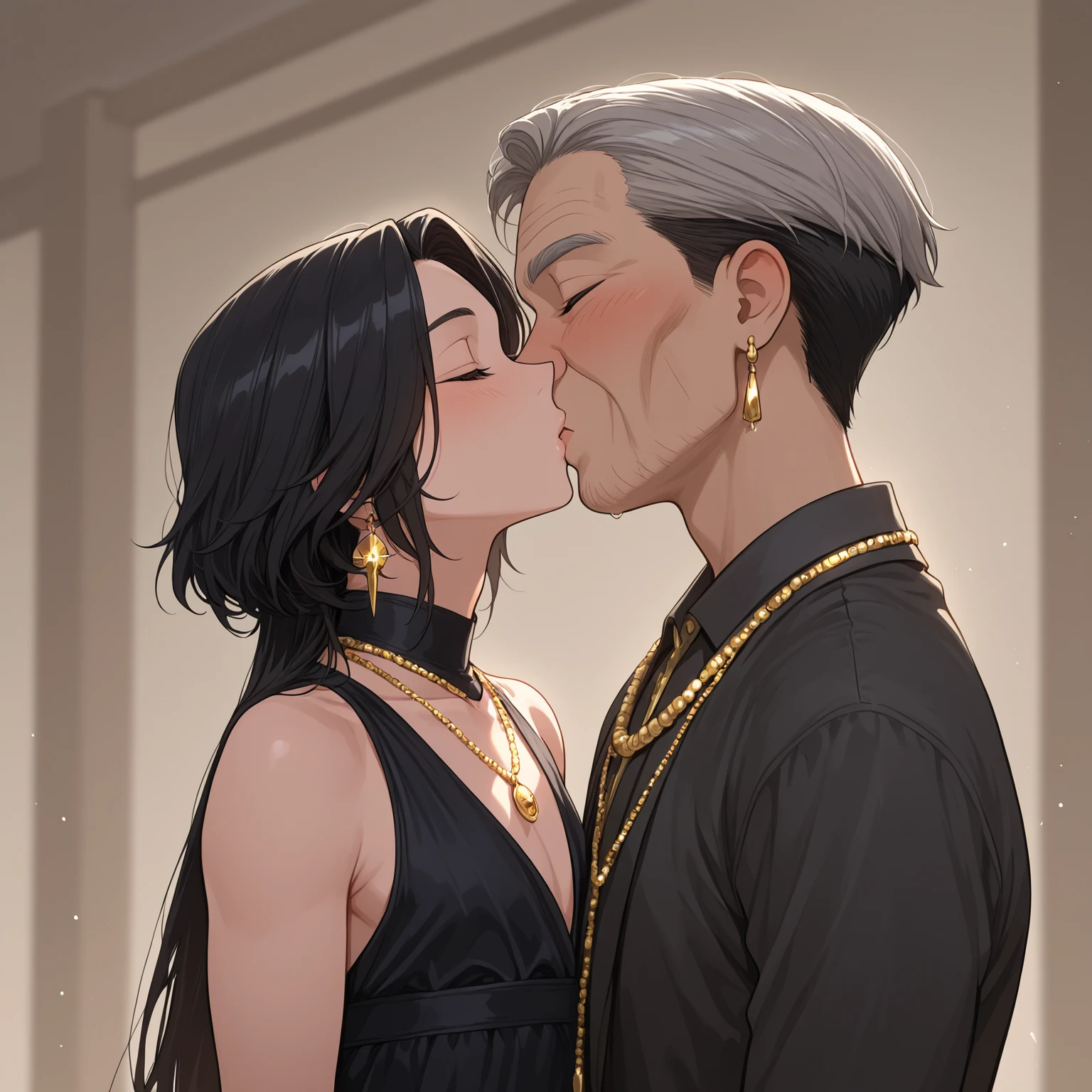 Man wearing grey and black full sleeved t shirt and black track pants kissing a sexy woman wearing a gold ethnic kurta and white pajama with gold embroidery in an arcade