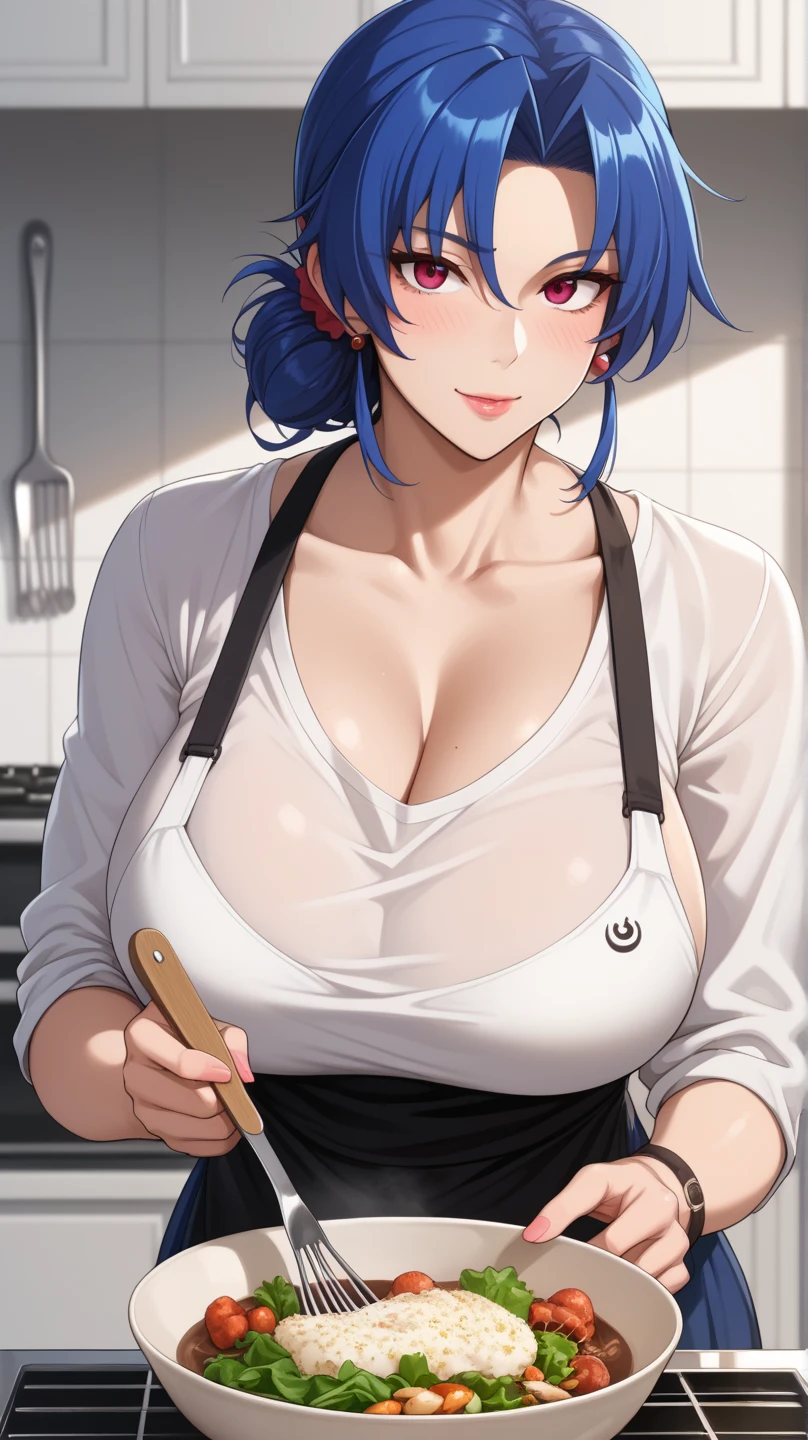 (Masterpiece), Best Quality, ultra-detailed, perfect hands, Delicate eye expression, 1girl (rinko_iori, Sexy, A voluptuous and sexy body, Big and pretty breasts, naked body, dark blue hair, long hair, blue eyes),open mouth,red lipstick, solo, nude, In the kitchen, standing, naked apron, undressing, , provocative pose,wicked smile, Sexy waist teasing,, come-on, cowboy shots