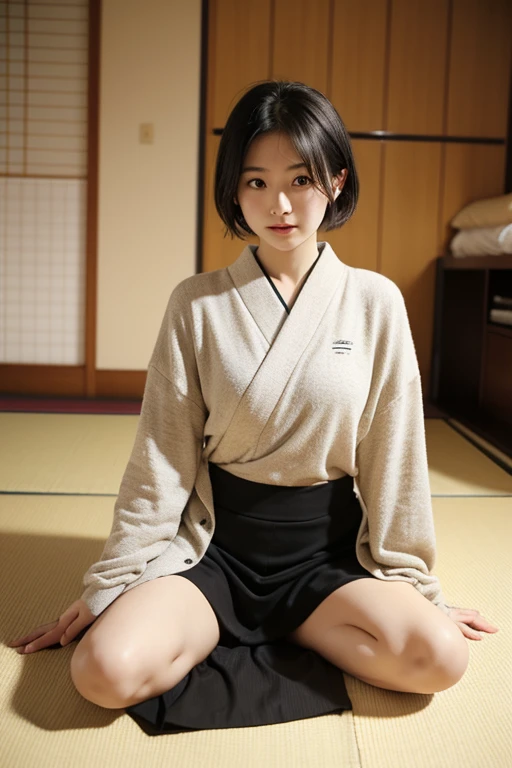 Japanese woman sitting with legs spread apart