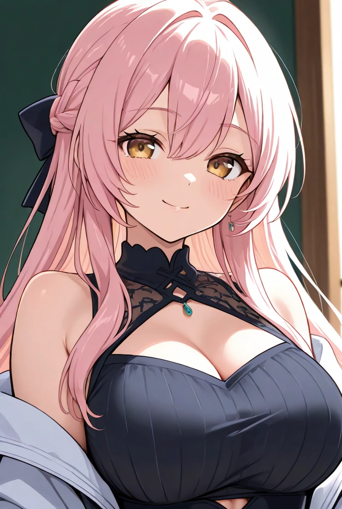 ((masterpiece)), breasts, looking_at_viewer, short hair, (multicolored_eyes:1.5), (pink hair:1.8), bangs, blue_eyes, ((light_smile)), (long locks:1.4), (ribbon earrings), masterpiece, best quality, high quality, absurdres, shiny skin, colorful, dynamic pose, stunning art, best quality, hyper detailed, dynamic angle, beatlful detailed, reflective hair, good lighting, ray tracing, depth of field, ultra-detailed, illustration, Amazing, fine detail, extremely detailed, ((ultra-detailed)), (beautiful detailed girl), beautiful detailed glow, intricate detail, highres, an extremely delicate and beautiful, beautiful detailed eyes, realistic, hdr, rounded eyes, detailed facial features, (illustration), (beautiful detailed eyes), ((very detailed face)), depth_of_field, eyebrows_visible_through_hair, frills, looking_at_viewer, (upper body:1.4), clothes reflecting light, (light diffraction on skin: 1.35), (glossy skin: 1.55), (Iridescence Effect: 1.55), collarbone, white_shirt, long_sleeves, choker, flower, camera, (indoor, potted plant:1.5), critical angle, <lora:LoRA_MahiroOyamaAdult:0.6>